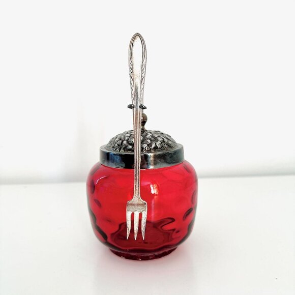 INVERTED CRANBERRY COIN DOT GLASS BISCUIT JAR WITH HANDLE AND FORK - Picture 8 of 9